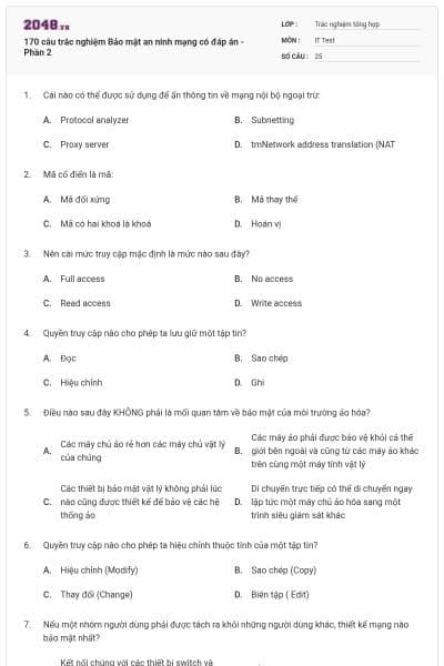170 câu trắc nghiệm Bảo mật an ninh mạng có đáp án - Phần 2