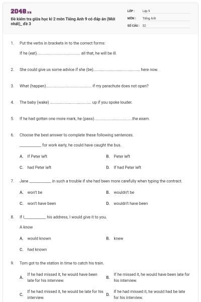 Đề kiểm tra giữa học kì 2 môn Tiếng Anh 9 có đáp án (Mới nhất)_ đề 3