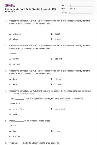 Đề kiểm tra giữa học kì 2 môn Tiếng Anh 9 có đáp án (Mới nhất)_ đề 4