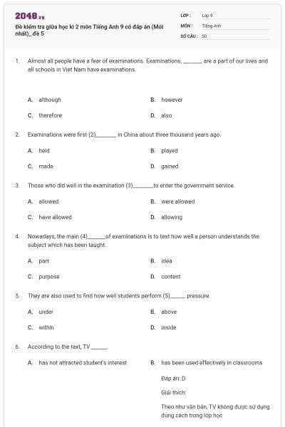 Đề kiểm tra giữa học kì 2 môn Tiếng Anh 9 có đáp án (Mới nhất)_ đề 5