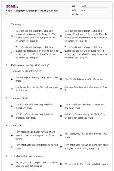 9 câu Trắc nghiệm Từ trường có đáp án (Nhận biết)