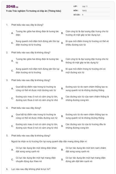 9 câu Trắc nghiệm Từ trường có đáp án (Thông hiểu)