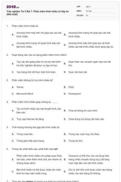 Trắc nghiệm Tin 9 Bài 7. Phần mềm trình chiếu có đáp án (Mới nhất)