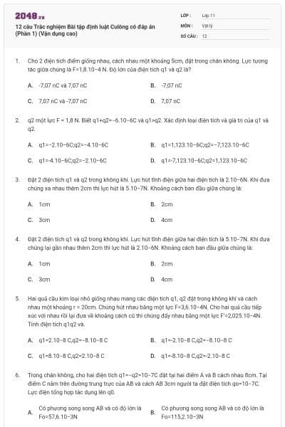 12 câu Trắc nghiệm Bài tập định luật Culông có đáp án (Phần 1) (Vận dụng cao)