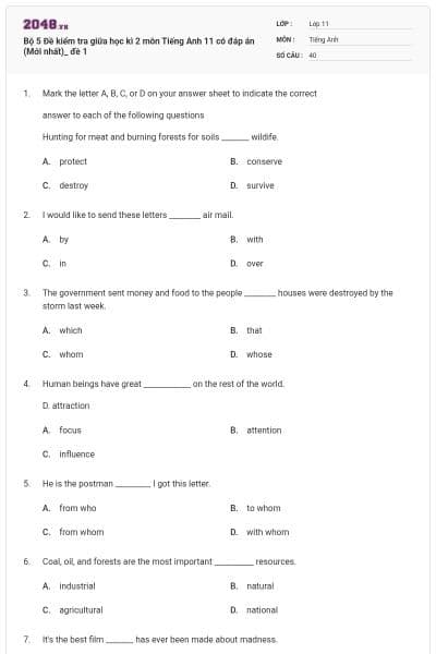 Bộ 5 Đề kiểm tra giữa học kì 2 môn Tiếng Anh 11 có đáp án (Mới nhất)_ đề 1