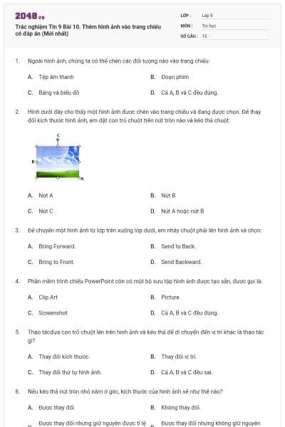 Trắc nghiệm Tin 9 Bài 10. Thêm hình ảnh vào trang chiếu có đáp án (Mới nhất)