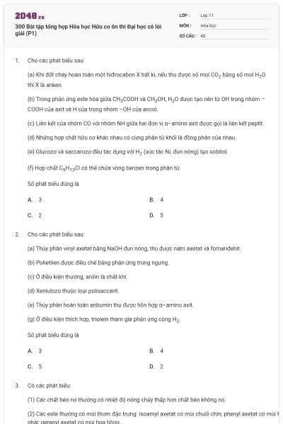 300 Bài tập tổng hợp Hóa học Hữu cơ ôn thi Đại học có lời giải (P1)