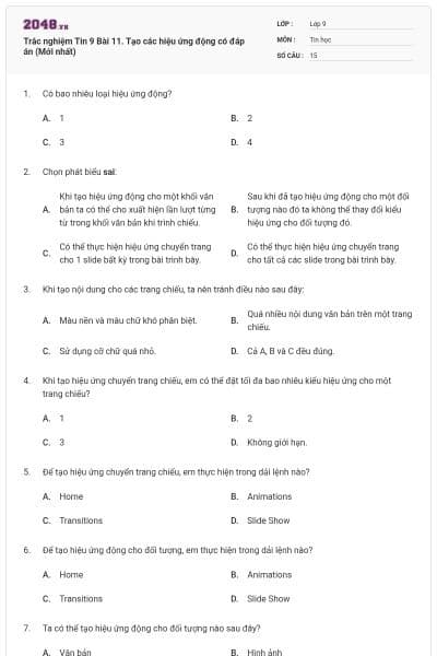 Trắc nghiệm Tin 9 Bài 11. Tạo các hiệu ứng động có đáp án (Mới nhất)