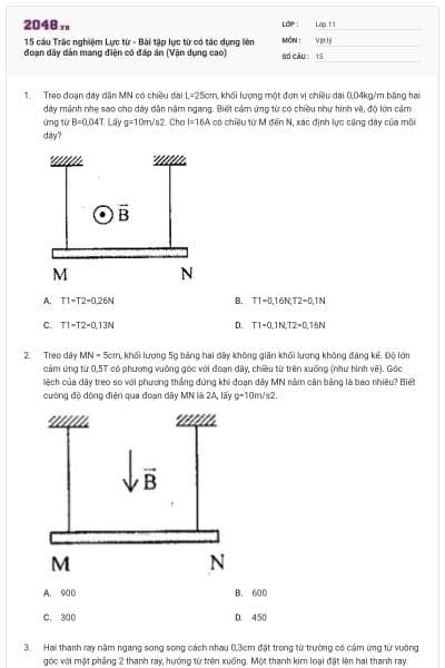 15 câu Trắc nghiệm Lực từ - Bài tập lực từ có tác dụng lên đoạn dây dẫn mang điện có đáp án (Vận dụng cao)
