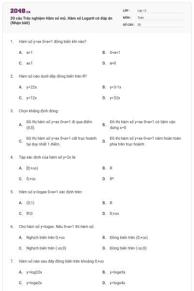 20 câu Trắc nghiệm Hàm số mũ. Hàm số Logarit có đáp án (Nhận biết)