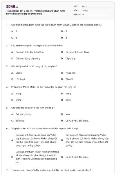 Trắc nghiệm Tin 9 Bài 14. Thiết kế phim bằng phần mềm Movie Maker có đáp án (Mới nhất)