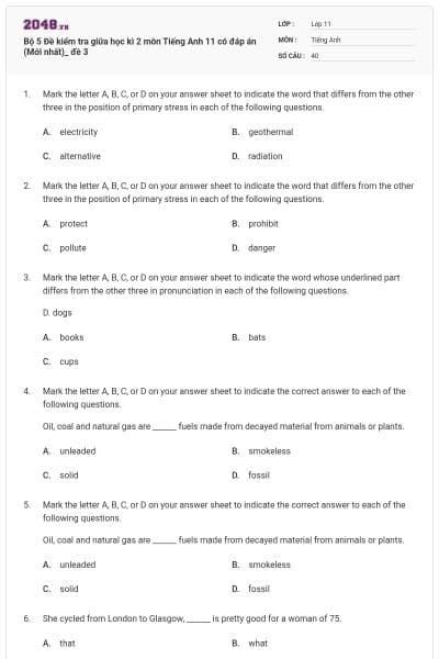 Bộ 5 Đề kiểm tra giữa học kì 2 môn Tiếng Anh 11 có đáp án (Mới nhất)_ đề 3