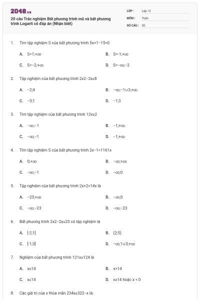 20 câu Trắc nghiệm Bất phương trình mũ và bất phương trình Logarit có đáp án (Nhận biết)