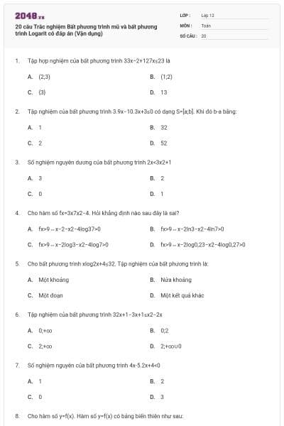 20 câu Trắc nghiệm Bất phương trình mũ và bất phương trình Logarit có đáp án (Vận dụng)