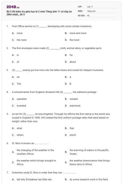Bộ 5 Đề kiểm tra giữa học kì 2 môn Tiếng Anh 11 có đáp án (Mới nhất)_ đề 5