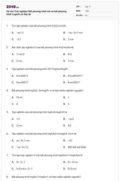26 câu Trắc nghiệm Bất phương trình mũ và bất phương trình Logarit có đáp án