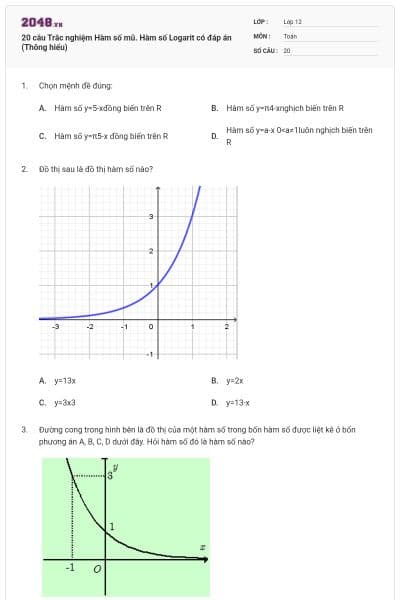 20 câu Trắc nghiệm Hàm số mũ. Hàm số Logarit có đáp án (Thông hiểu)