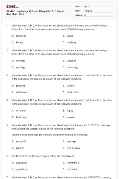 Đề kiểm tra giữa học kì 2 môn Tiếng Anh 12 có đáp án (Mới nhất)_ đề 1