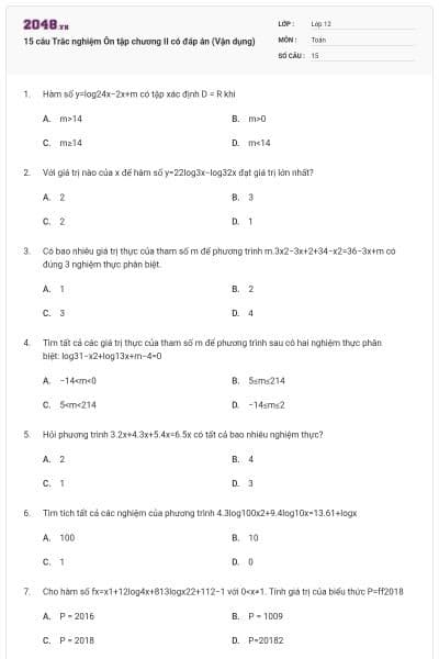 15 câu  Trắc nghiệm Ôn tập chương II có đáp án (Vận dụng)