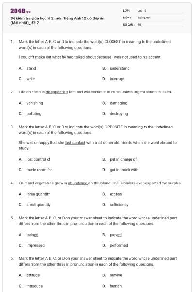 Đề kiểm tra giữa học kì 2 môn Tiếng Anh 12 có đáp án (Mới nhất)_ đề 2