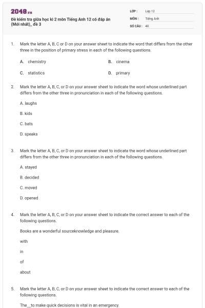 Đề kiểm tra giữa học kì 2 môn Tiếng Anh 12 có đáp án (Mới nhất)_ đề 3