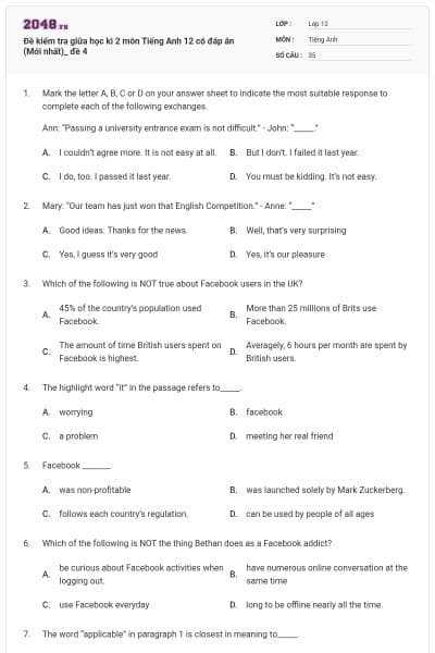 Đề kiểm tra giữa học kì 2 môn Tiếng Anh 12 có đáp án (Mới nhất)_ đề 4