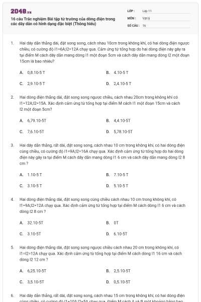 16 câu Trắc nghiệm Bài tập từ trường của dòng điện trong các dây dẫn có hình dạng đặc biệt (Thông hiểu)