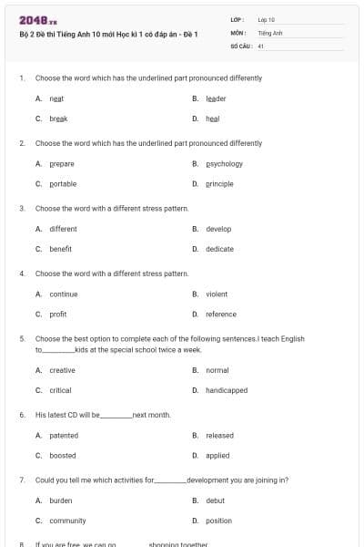 Bộ 2 Đề thi Tiếng Anh 10 mới Học kì 1 có đáp án - Đề 1