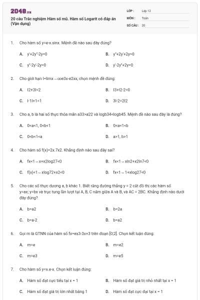 20 câu Trắc nghiệm Hàm số mũ. Hàm số Logarit có đáp án (Vận dụng)