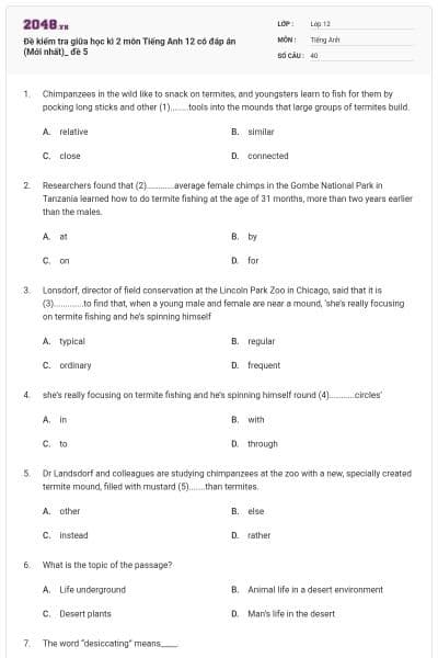 Đề kiểm tra giữa học kì 2 môn Tiếng Anh 12 có đáp án (Mới nhất)_ đề 5