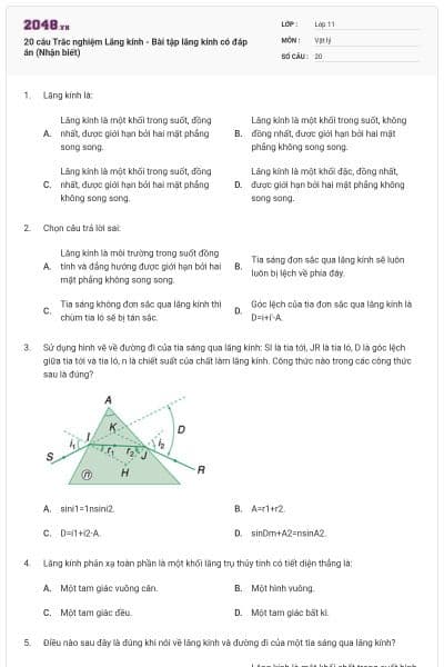 20 câu Trắc nghiệm Lăng kính - Bài tập lăng kính có đáp án (Nhận biết)