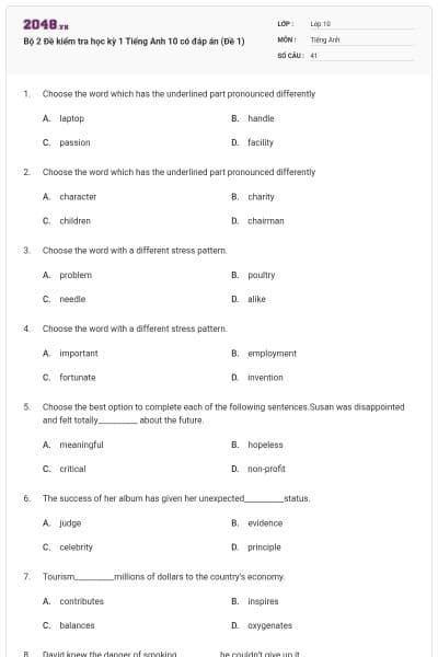 Bộ  2 Đề kiểm tra học kỳ 1 Tiếng Anh 10 có đáp án (Đề 1)