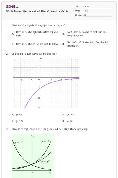 58 câu Trắc nghiệm Hàm số mũ. Hàm số Logarit có đáp án