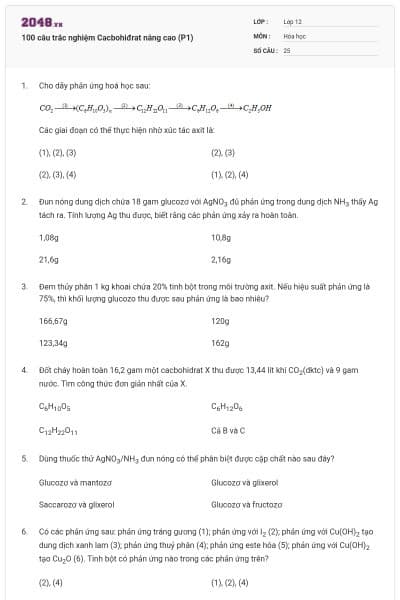 100 câu trắc nghiệm Cacbohiđrat nâng cao (P1)