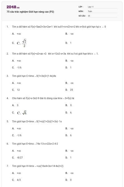 75 câu trắc nghiệm Giới hạn nâng cao (P2)