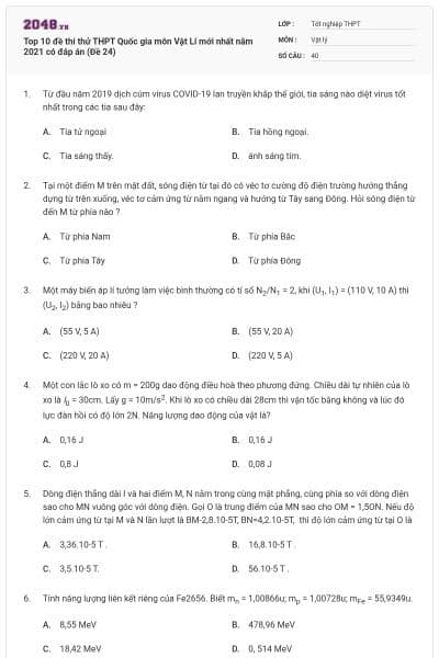 Top 10 đề thi thử THPT Quốc gia môn Vật Lí mới nhất năm 2021 có đáp án (Đề 24)