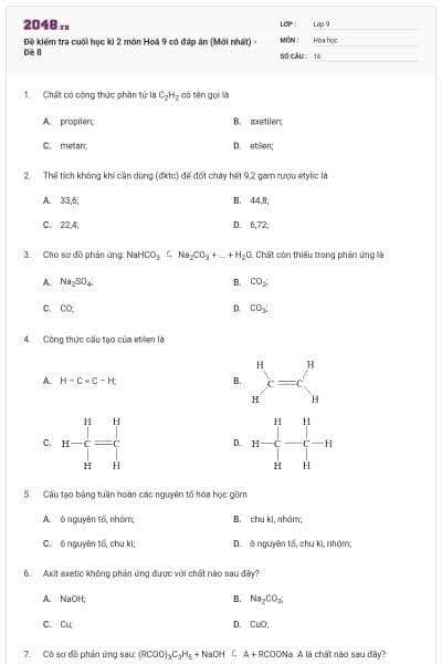 Đề kiểm tra cuối học kì 2 môn Hoá 9 có đáp án (Mới nhất) - Đề 8
