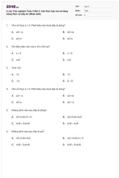 6 câu Trắc nghiệm Toán 9 Bài 2: Căn thức bậc hai và hằng đẳng thức có đáp án (Nhận biết)