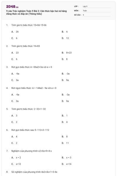 9 câu Trắc nghiệm Toán 9 Bài 2: Căn thức bậc hai và hằng đẳng thức có đáp án (Thông hiểu)