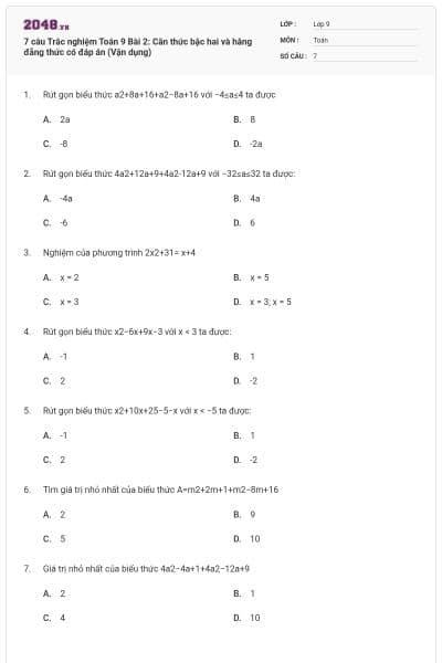 7 câu Trắc nghiệm Toán 9 Bài 2: Căn thức bậc hai và hằng đẳng thức có đáp án (Vận dụng)