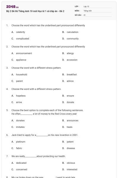 Bộ  2 Đề thi Tiếng Anh 10 mới Học kì 1 có đáp án - Đề 2
