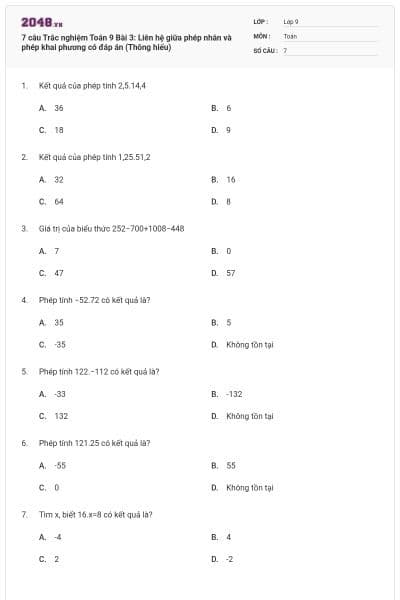 7 câu Trắc nghiệm Toán 9 Bài 3: Liên hệ giữa phép nhân và phép khai phương có đáp án (Thông hiểu)