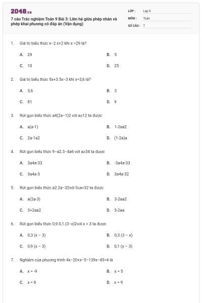 7 câu Trắc nghiệm Toán 9 Bài 3: Liên hệ giữa phép nhân và phép khai phương có đáp án (Vận dụng)