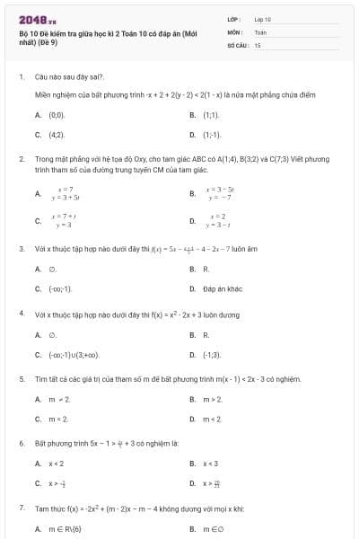 Bộ 10 Đề kiểm tra giữa học kì 2 Toán 10 có đáp án (Mới nhất) (Đề 9)
