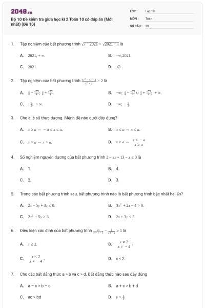 Bộ 10 Đề kiểm tra giữa học kì 2 Toán 10 có đáp án (Mới nhất) (Đề 10)