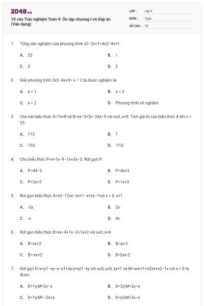 10 câu Trắc nghiệm Toán 9: Ôn tập chương I có đáp án (Vận dụng)