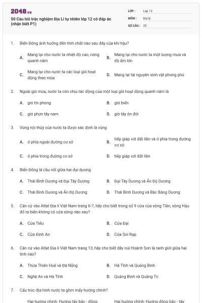 50  Câu hỏi trắc nghiệm Địa Lí tự nhiên lớp 12 có đáp án (nhận biết P1)