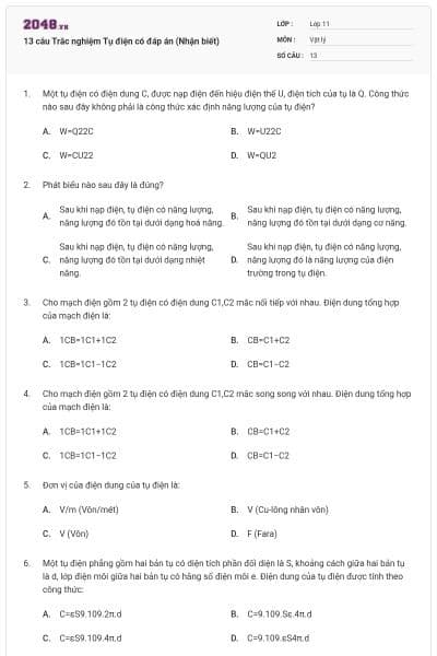 13 câu Trắc nghiệm Tụ điện có đáp án (Nhận biết)