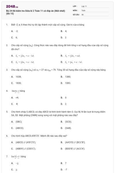 Bộ 24 Đề kiểm tra Giữa kì 2 Toán 11 có đáp án (Mới nhất) (Đề 15)