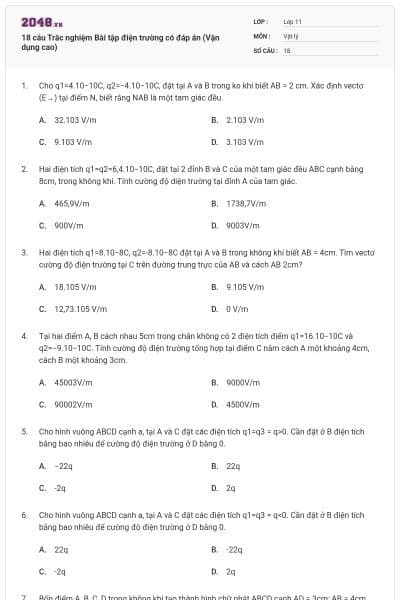 18 câu Trắc nghiệm Bài tập điện trường có đáp án (Vận dụng cao)
